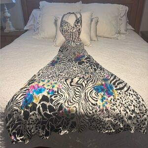 La Femme Black and White Animal Print Satin Gown with Blue & Pink Floral Accents